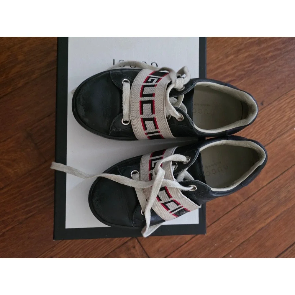 Gucci Ace Black Leather Logo Elastic Strap Sneakers Low Top Shoes‎ 523469